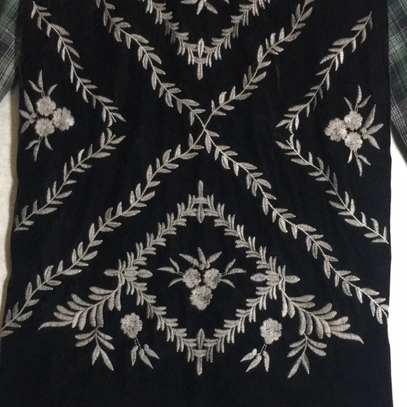 DEMOCRACY Boho Cotton Plaid Front & Sleeves Contrasting Embroidered Velvet Back - Picture 10 of 16